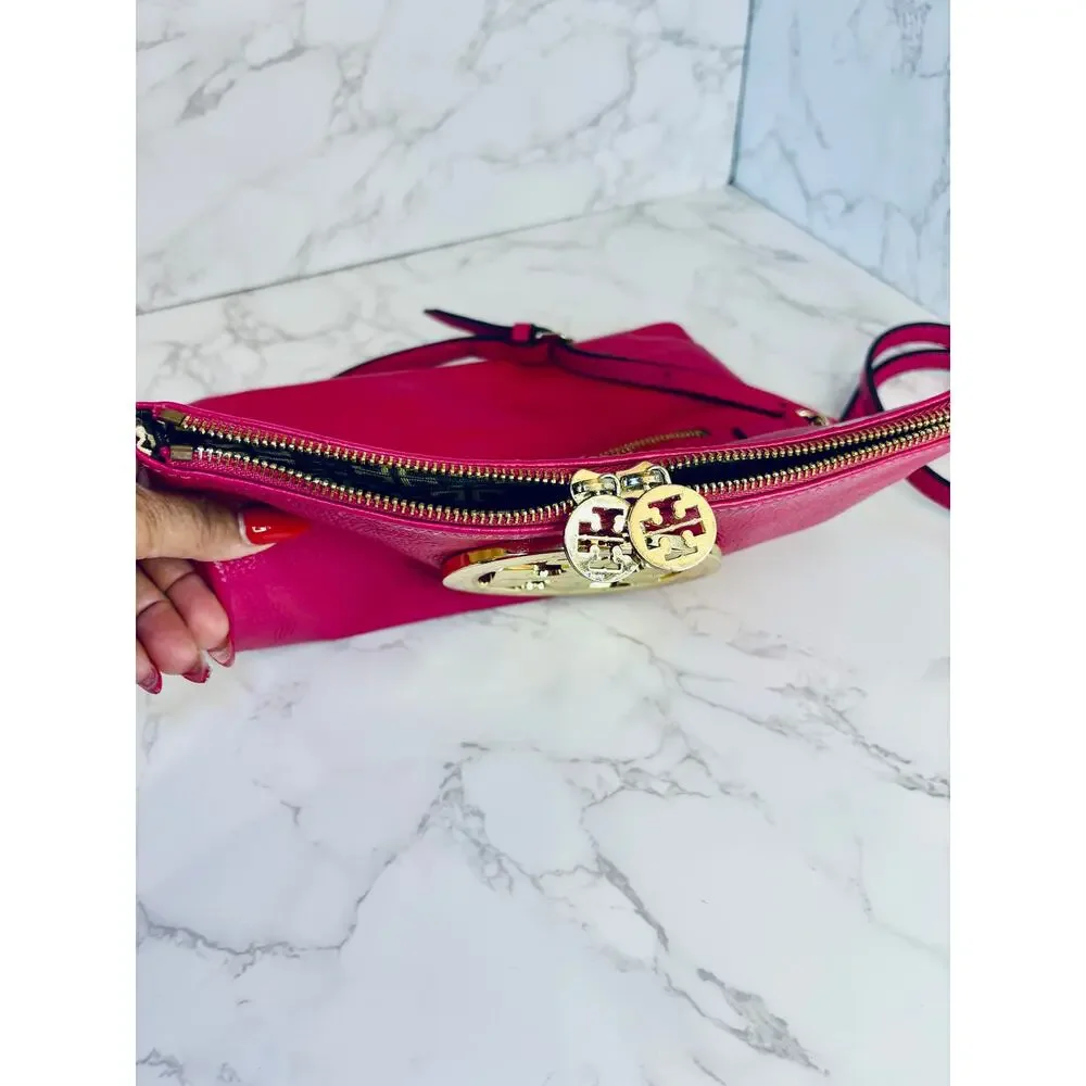 TORY BURCH Amanda Foldover Clutch Crossbody w/Pink Leather w/Golden Accents, EUC